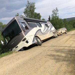 Stranded bus falling off cliff