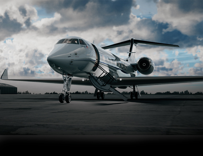 private jet with ladder down awaiting passengers on runway